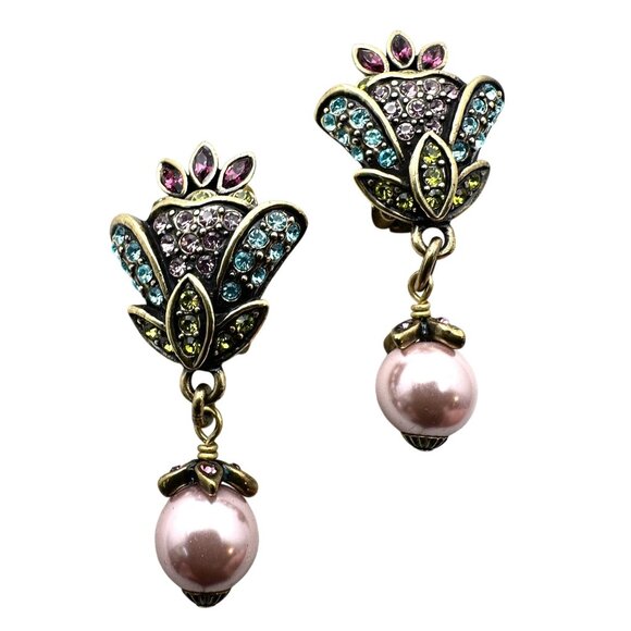 Heidi Daus Multicolor Crystal Pearl Bronze Clip Earrings Chandelier 2 Inch - Picture 1 of 4